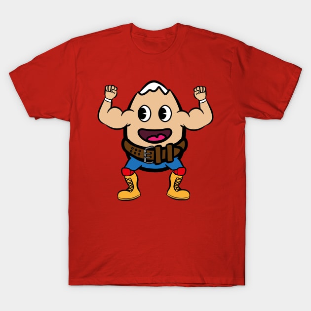 cartoon egg wearing weight lifting belt wrestler T-Shirt by Captain-Jackson